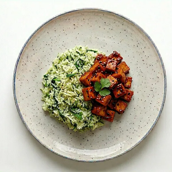 Chili Miso glazed tofu with spinach and edamame rice